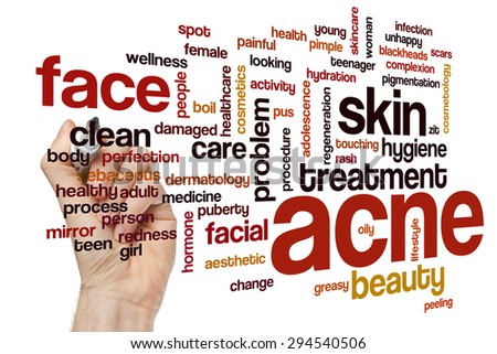 Acne word cloud concept with skin face related tags