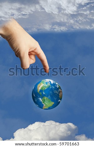 god\'s hand touching earth in heaven in the sky between the clouds, symbolizing faith and religion. images used made by author.