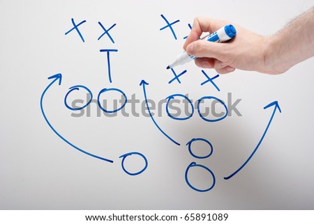 game plan on whiteboard with hand pointing