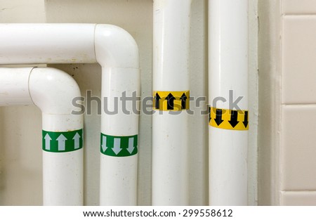 Insulated industrial water pipes with arrows marking the direction of water flow for inflow and outflow. (Yellow for heated water and green for chilled water.)