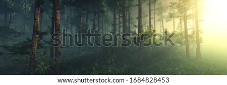 Forest in the morning in a fog in the sun, trees in a haze of light, glowing fog among the trees, 3D rendering