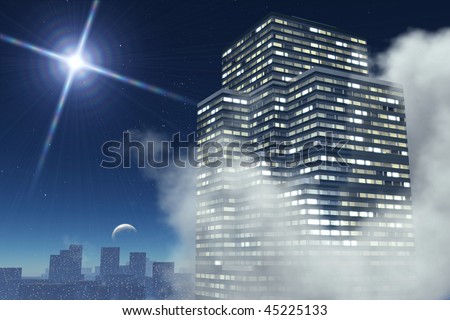 Skyscraper in the night wrap up  clouds on background of the city, night sky with moon