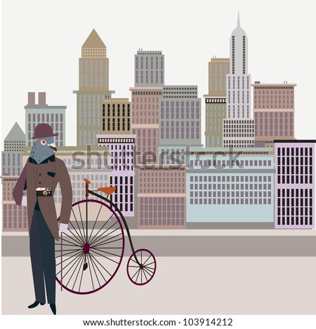 Retro new york illustration - Vintage bird on a bike