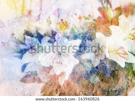 Abstract ink painting combined with lilly flowers on paper texture - floral grunge