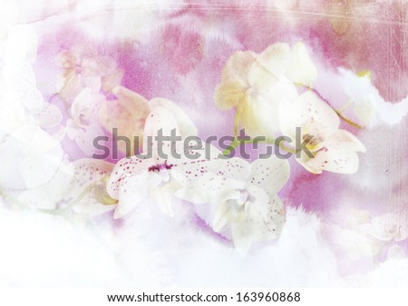 Abstract ink painting combined with orchid flowers on paper texture - floral grunge