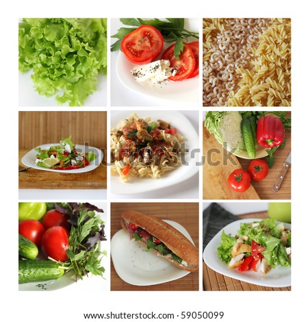 Tasty and healthy food collage made from nine photographs