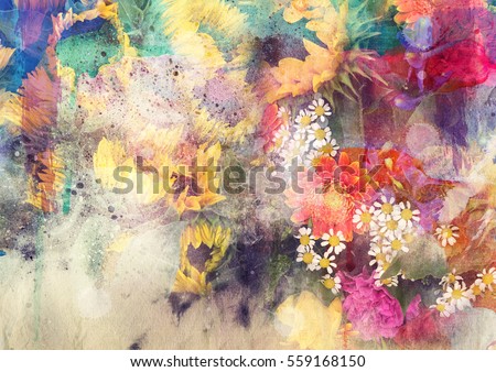 Abstract watercolor painting combined with field and sunflower flowers on paper texture - floral grunge