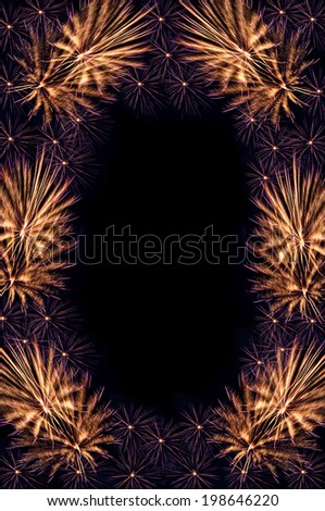 Frame (border) of flashes of fireworks isolated on black background with empty space in the middle for inserting text or image