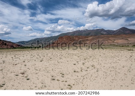 Scenic desert steppe landscape with mountains. Dry earth with rare plants as foreground and the mountains, the sky and clouds as a background.