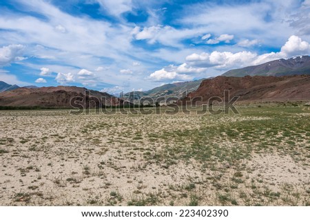 Scenic desert steppe landscape with mountains. Dry land with rare plants as foreground and mountains, blue sky and clouds in the background.
