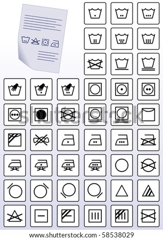 Vector illustration set of apparel care instruction symbols. All vector objects are grouped and tagged with a description of the symbol.