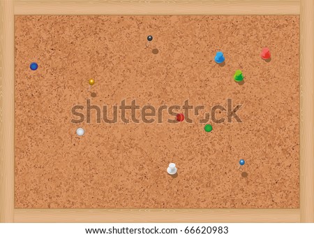 Vector illustration of a blank cork notice board with thumbtacks. All objects are isolated. Colors and transparent background color are easy to adjust.