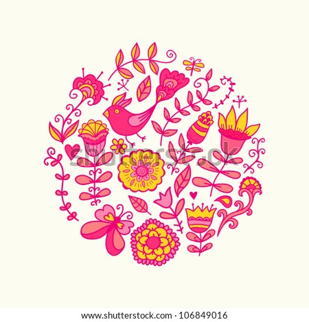 Summer vector illustration of circle made with flowers and birds. Round shape made of butterflies, leaves and different flowers. Summer background. Bright summer outlines made from flowers.