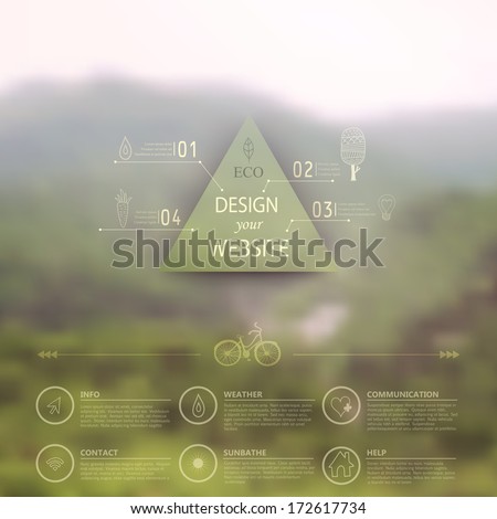 Vector web and mobile interface template. Corporate website design. Minimalistic  multifunctional media backdrop. Vector. Editable. Blurred. Triangle badge label, mountain landscape. Options, Icon