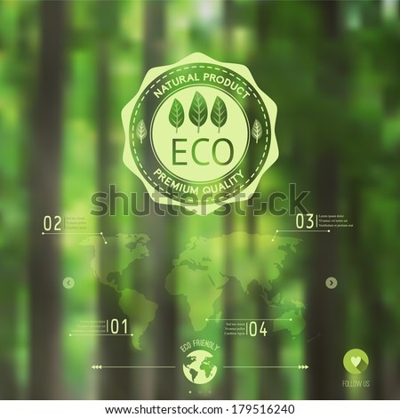 Vector blurred landscape,  forest, eco badge, ecology label, nature view. Forest blur background, web and mobile interface template. Eco design. 