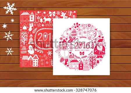 Vector circular wreath, Christmas greeting card template, Merry Christmas. Winter holiday design, frame wreath design made of childish doodles: Santa, houses, deer, winter forest, mittens, snowman.