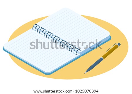 Flat isometric illustration of opened notebook. Office and school vector concept: paper notepad with a pen. Business and education workplace paperwork elements isolated on white background.