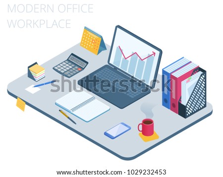 Flat isometric illustration of business workspace. Office workplace with modern technologies equipment and stationery: laptop, mobile phone, calculator, file folder, calendar. Vector work desk concept