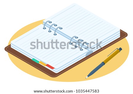 Flat isometric illustration of opened planner. Business workplace personal accessory, supply isolated on white background. Office desktop vector concept: agenda with leather cover and ring binder.