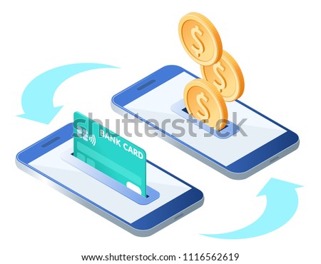 The money transfer process. Flat isometric isolated illustration. The sending and receiving coins with mobile phones and credit card. The banking, transaction, payment, online business vector concept

