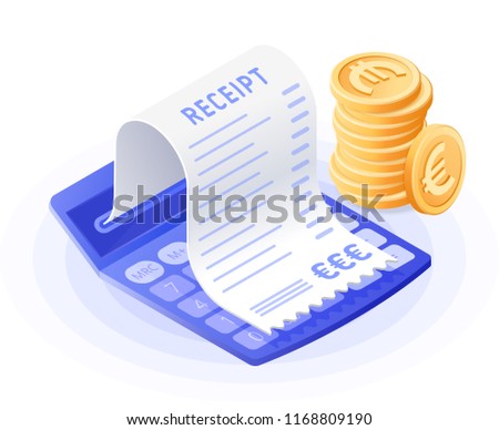 The accountant calculator, bill payment, stack of euros. Flat vector isometric illustration. The costs and expenses calculation, financial advising, finance control, audit, revision, business concept.