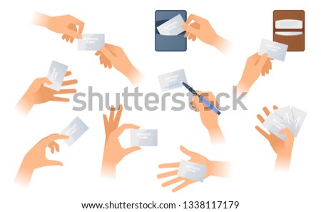 The hands are holding a paper business cards. The male hand holds a visiting card and writes a contacts, the female hand  takes out calling card from cardholder. Flat vector template illustration set.