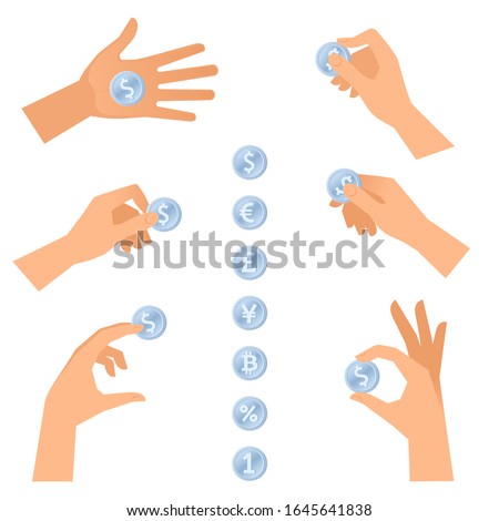 A hands are holding, taking and giving the silver coins. The fee, earnings, payment, shopping, banking concept set. Flat vector illustration of human hand with metal money isolated on white background