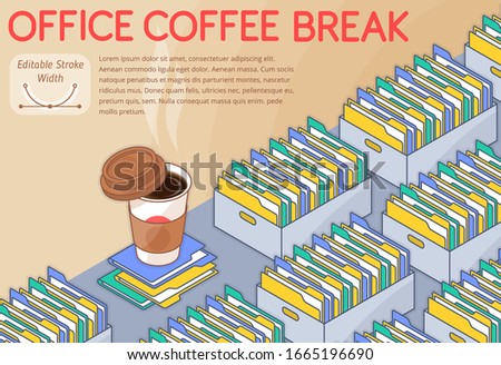 An office coffee break concept vector illustration. A lot of boxes with document folders on the desk. An aromatic coffee cup with lid. Horizontal layout 3d line isometric pattern for banners, posters.
