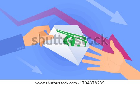 An unemployment benefits and cash allowance. A hand holds the envelope with paper money, another hand takes them. A jobless, quarantine, poverty, dismissal, crisis flat vector concept hd illustration.