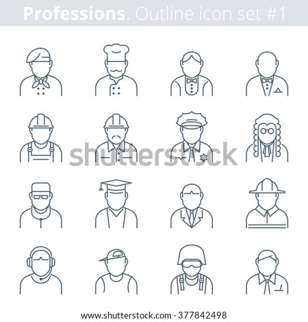 Flat line vector avatars group of professions people. Occupations icon set on white background. Premium quality collection. Suitable for infographics, web graphics, social networks, presentations.