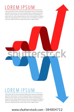 Flat infographic. Template vector elements. Increasing and decreasing graphs concept. Red progress and blue recession arrows isolated on white background depict increase profit and decrease business.