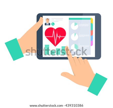 Doctor advises a patient on a tablet computer. Telemedicine and telehealth flat concept illustration. Hand, tablet, heart with pulse on a display. Tele and remote medicine vector element infographic.