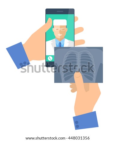 Man holding a phone with doctor online and x-ray image. Telemedicine and telehealth vector flat concept illustration. Hand, smartphone, xray picture, medic online exams lung radiography. Tele medical