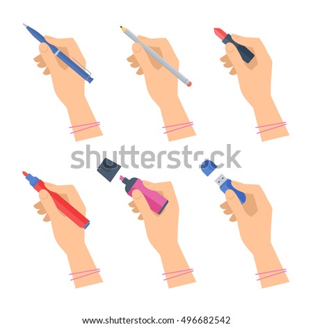 Women's hands with writing tools and office supplies set. Flat illustration of human female hands with pen, pencil, highlighter and over stationery. Vector isolated on white background design element.