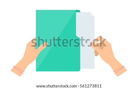 Business woman's hand takes out a document sheet from green folder. Flat concept illustration of office supply. Isolated on white workspace accessory. Vector infographic element for web, presentation
