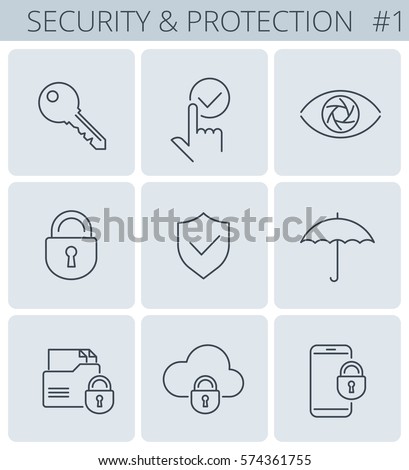 Security, business data protection outline icons: lock, key, shield, padlock, umbrella. Vector thin line symbol and sign set. Isolated infographic elements for web, presentations, social networks.