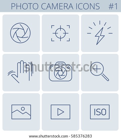 Digital photo camera outline icons: flash, sensitivity, iso, optical stabilizer, ois, optic zoom, object-glass, lens. Vector thin line symbol and pictogram set. Infographic elements for web, network.