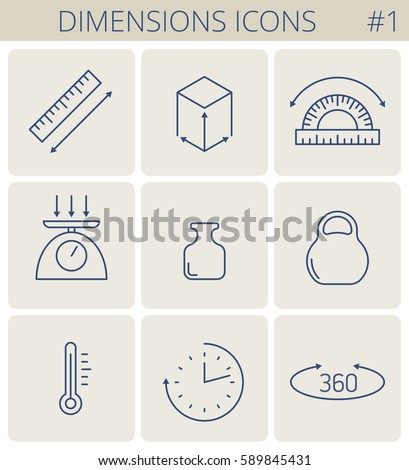 Dimensions and measure outline icons: weight, height, width, depth, length, angle, time, temperature. Vector thin line measurement symbol set. Isolated infographic elements for web, social network.