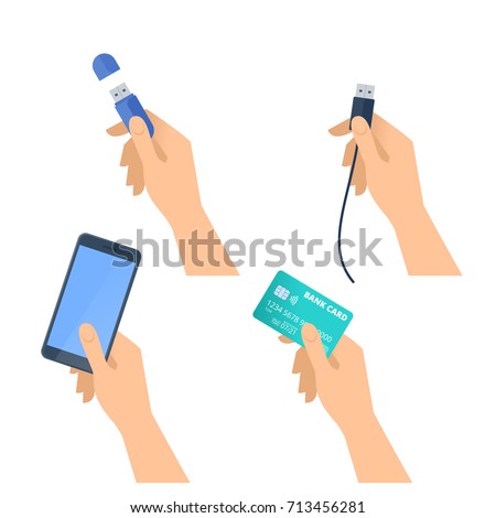 Human hands hold flash drive, mobile phone, usb plug, plastic bank credit card. Flat illustration of male and female hands with electronic devices and supplies. Vector design element isolated on white