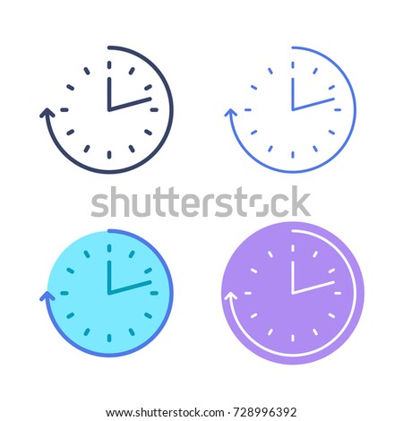 Time concept linear symbols. Clock and watch line symbols and pictograms. Time and interval dimension and measuring vector outline icon set. Thin contour infographic elements for web design, networks.