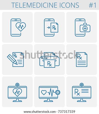 Medicine, telemedicine vector outline icon set. Mobile phone and heart symbol with pulse line inside. Smart phone and first aid kit symbol. Desktop computer monitor with prescription Rx document icon.