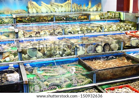Seafood market fish tank in Hong Kong