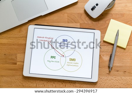 Modern working table with laptop computer with tablet showing search engine marketing concept