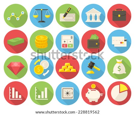 Finance icons set (flat design with long shadows)