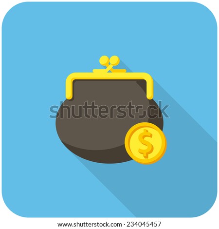 Purse and coin, modern flat icon with long shadow