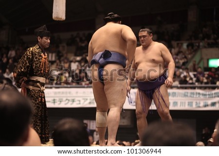 TOKYO - APRIL 7: Unidentified sumo wrestlers during a tournament in Tokyo, Japan on April 7, 2012. Even though Sumo is Japan's national sport, most professional wrestlers are foreigners.