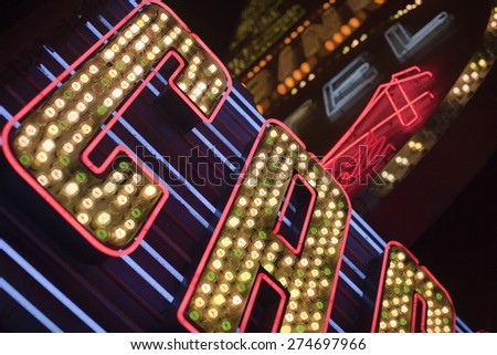 Illuminated neon signs of unitendified casinos in Las Vegas