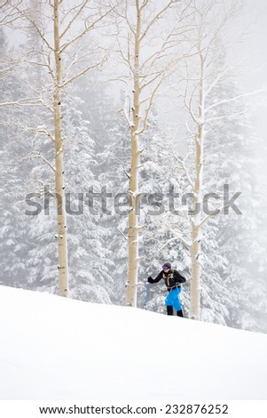 Young Man Snowshoeing Up Hill in Wintry Storm (Vertical)