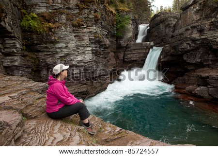 Woman Viewing Waterfall (St. Mary Falls, Glacier National Park)