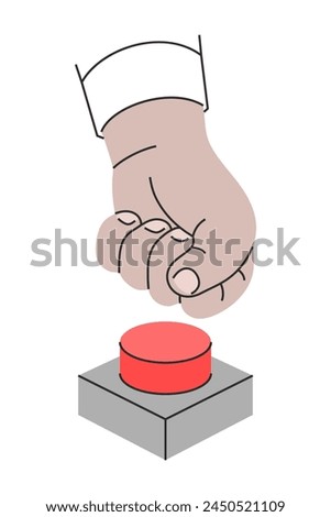 A man's fist presses forcefully on a big red button. Vector illustration